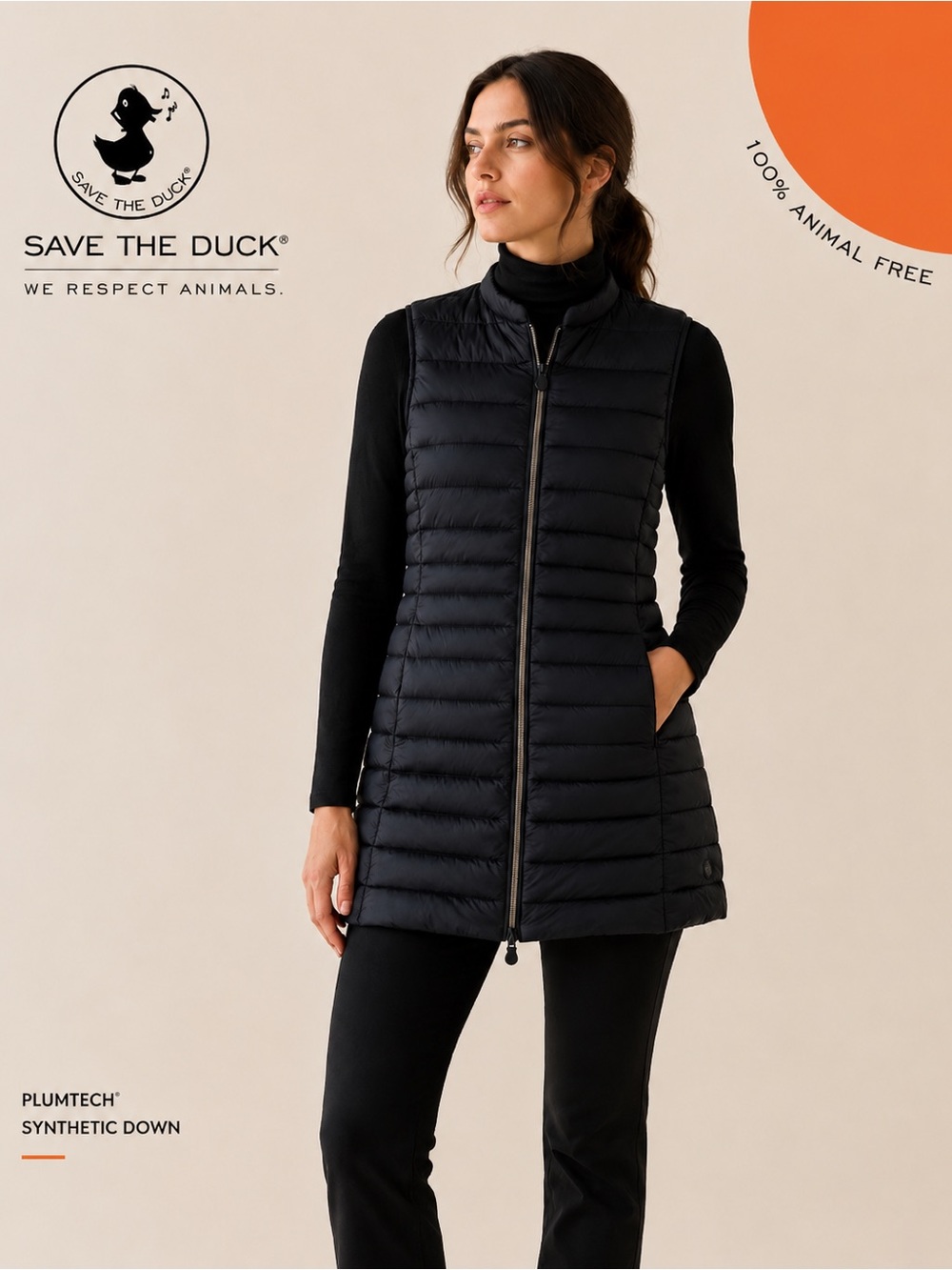 Save The Duck Black Long Quilted Puffer Vest Small PLUMTECH Vegan Lightweight